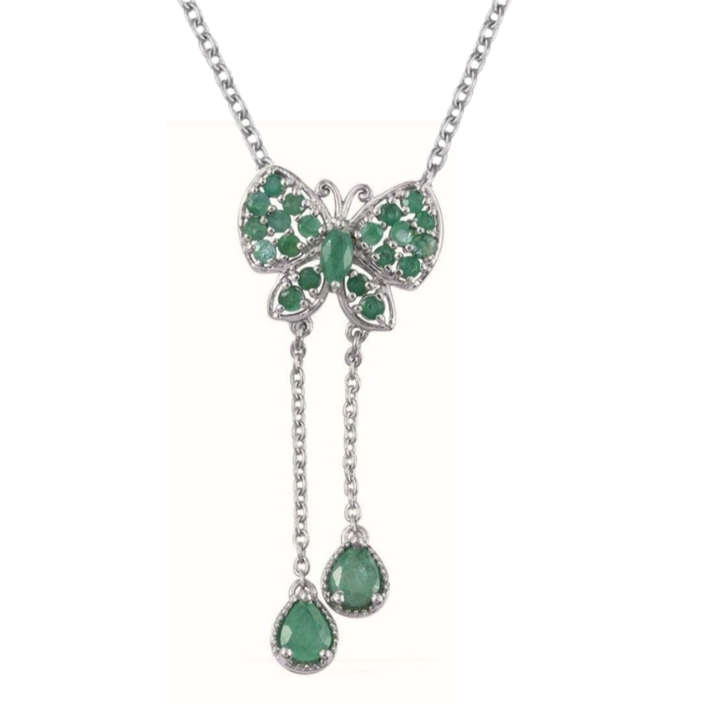 Butterfly Necklace Natural Emerald Stones - Sterling Silver 925